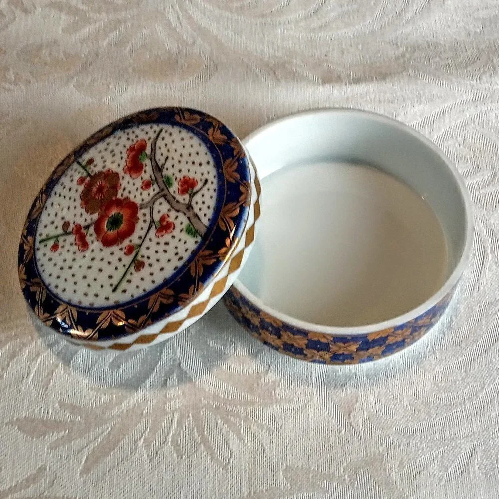 Vintage Red Flower Blue Gold Porcelain Trinket Box